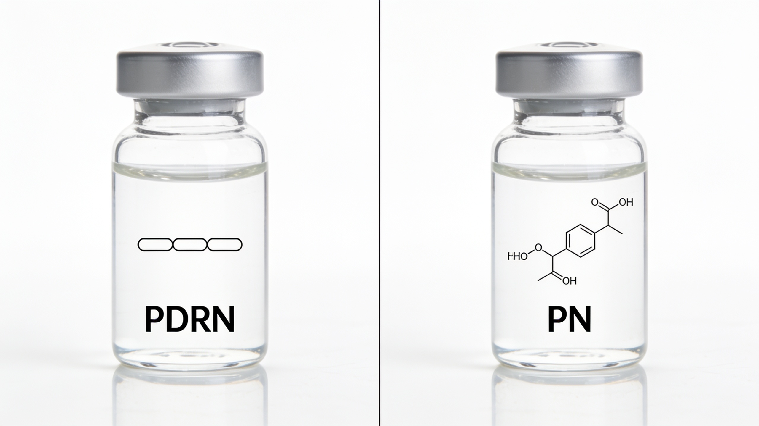 PDRN과 PN의 분자 구조와 크기 차이를 보여주는 두 개의 화장품 바이알 비교 이미지