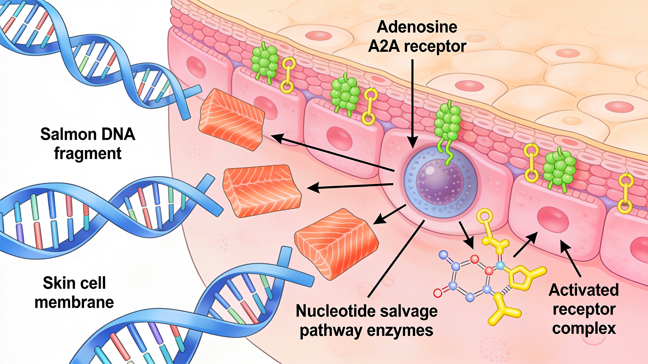 연어 DNA 조각과 피부 세포 수용체 활성화 메커니즘을 나타낸 과학적 일러스트